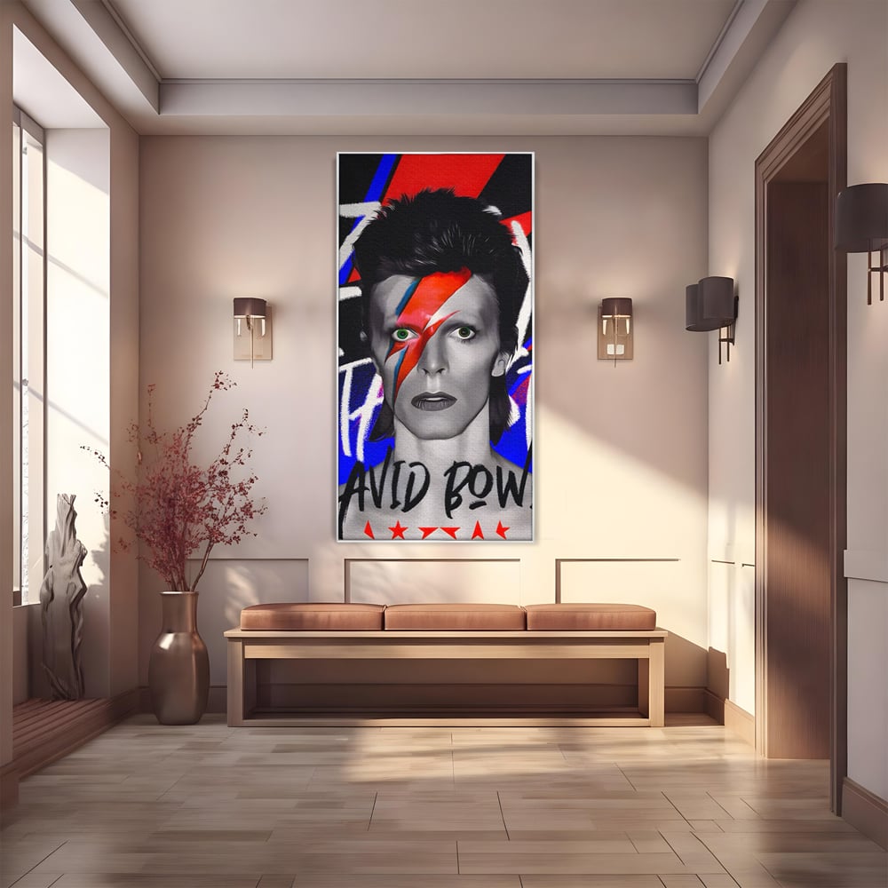 Tablou canvas cu tablou canvas cu portretul lui david bowie, in rama de aluminiu argintiu